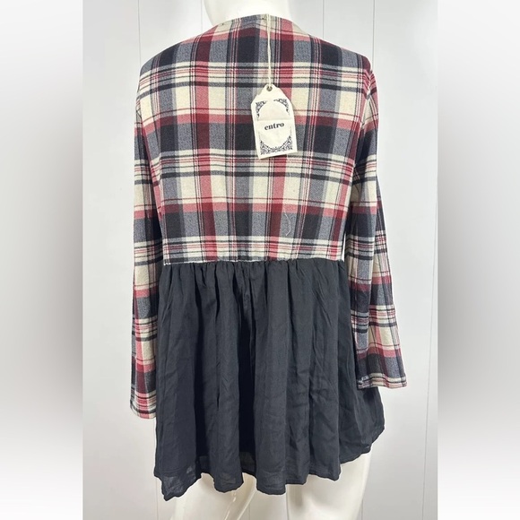 NWT Entro Sz M Women's Plaid Long Sleeve Tunic Top Boho Multicolor Front Tie - Picture 5 of 11
